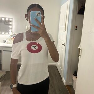 White Off-Shoulder Top with Red Graphic